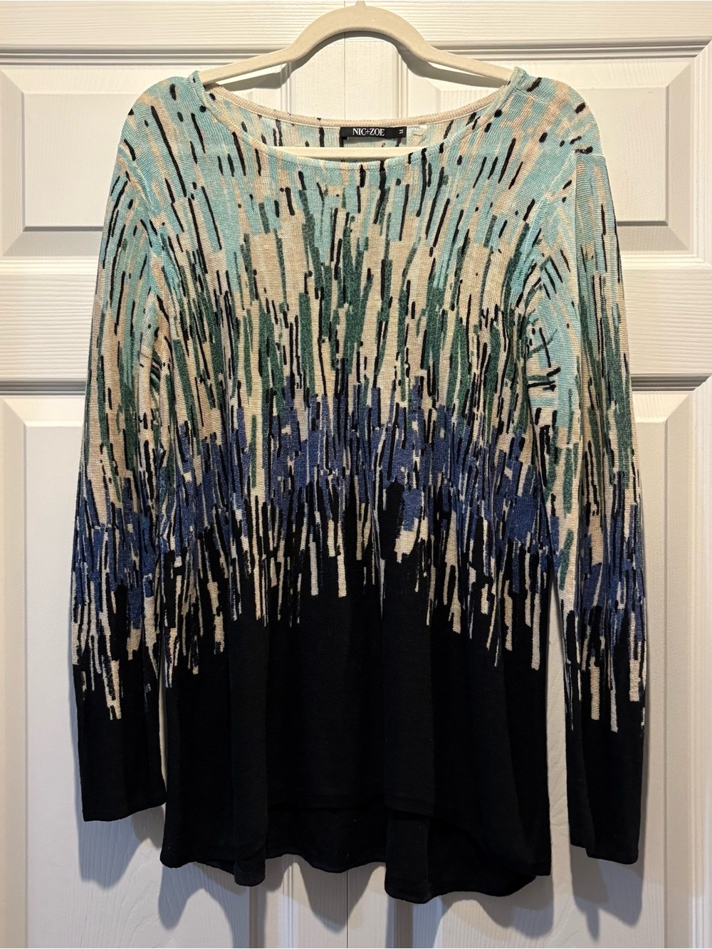 NIC+ZOE Abstract Knit Long-Sleeve Tunic Top Sweater Linen Cotton Black Blue Sz M